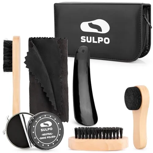 SULPO Schuhputzset 7 in 1- Lederschuhe Pflege - Travel Bürsten Set - Schuhpflege Lederpflege Schuhputzset - Ökologisches Leder Etui - 2 Schuhpolitur Schwarz und Farblos