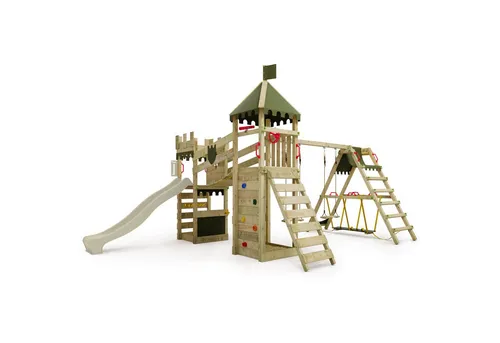 FATMOOSE Spielturm RiverRun mit SurfSwing – Ritterburg für Abenteuer - Spieltürme mit Wellenrutsche, Hängebrücke und Sandkasten, extrem witterungsbeständig und 10 Jahre Garantie* für unvergessliche Spielmomente im Freien.
