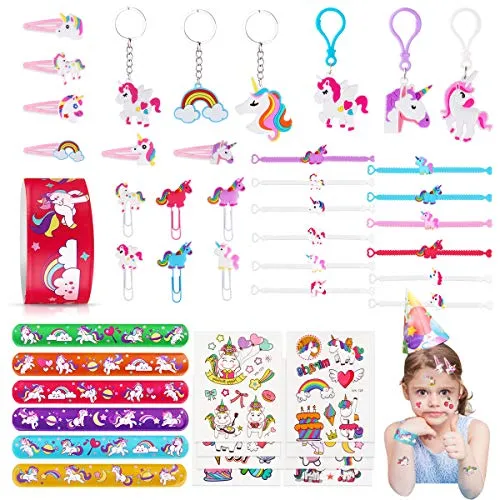 JOYUE 50 PCS Einhorn Mitgebsel Set, Einhorn Party Dekoration, Kindergeburtstag Gastgeschenke Enthalten Einhorn Armbänder, Schlüsselanhänger, Tätowierungen, Haarspangen, Lesezeichen, Slap Armbänder