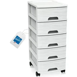 Schubladenschrank mit Rollen Weiß Rollcontainer mit 5 Schubladen Rollschrank aus Kunststoff Rollwagen - Weiß