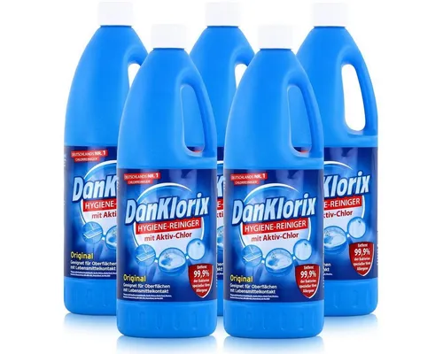 DanKlorix Hygiene-Reiniger 1,5L - Effektive Reinigung für Ihr Zuhause (5er Pack) - Der DanKlorix Hygienereiniger sorgt für gründliche Sauberkeit im Haushalt. Mit seiner speziellen Formel entfernt er zuverlässig Keime und sorgt für frische Oberflächen. Ideal für den Einsatz in Küche und Bad.