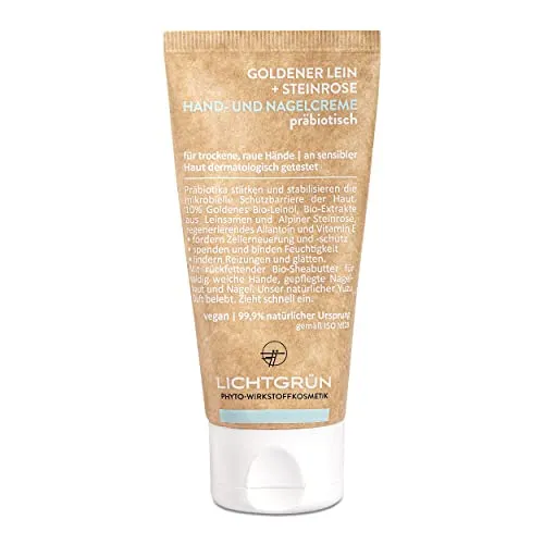 HAND- UND NAGELCREME präbiotisch LICHTGRÜN® 50 ml | Hilft trockenen, rauen, empfindlichen Händen mit Bio-Leinöl, Bio-Steinrose, Allantoin | 99,9% Natürlich, Vegan
