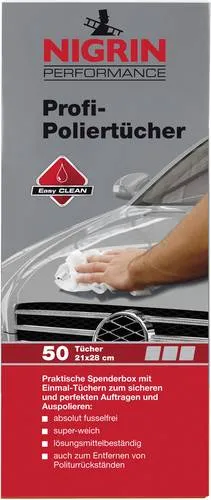 Nigrin 73898 Autopoliturtücher 50St. - Handschuhe, Mützen & Schwämme - Fusselfreie Profi-Putztücher in praktischer Spenderbox, ideal für perfektes Auftragen und Auspolieren von Autopflegeprodukten.