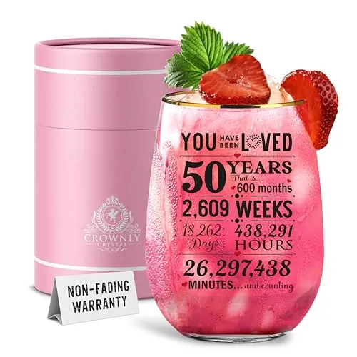 CROWNLY CRYSTAL Geschenk zum 50. Geburtstag für Frauen, personalisierbar, Glas, 50. Geburtstag, Partydekoration, Schwester, 50. Geburtstag, Geschenke zum 50. Geburtstag, 50. Gin, Geschenke für Frauen