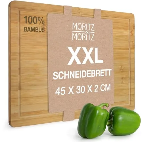 Moritz & Moritz XXL Schneidebrett Bambus Groß - 45 x 30 x 2 cm - Bambus Holzbrett mit Saftrille - Zum Schneiden, Anrichten und Servieren