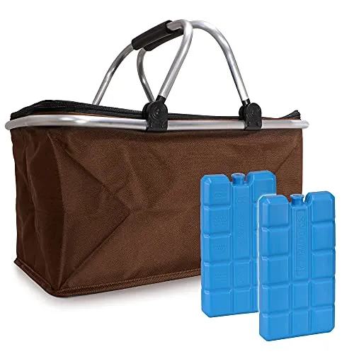 Einkaufskorb faltbar isoliert 25L & 2x Kühlakkus I Isolierkorb mit gepolsterten Tragegriffen & Reißverschluss am Deckel I Leicht klappbarer Kühlkorb