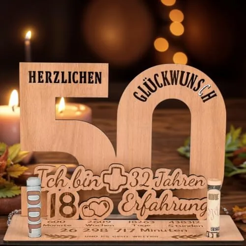 MINISONA Lustige 50 Geburtstag Geschenk Frauen & Männer, Ich Bin 18 und 32 Jahre Erfahrung, Geburtstag Geldgeschenk,Geburtstagszahlen Holz Schild Gästebuch (50)