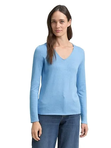 TOM TAILOR Damen Basic Strickpullover mit V-Ausschnitt - Sea Blue Melange, S - Damenpullover aus weichem Baumwoll-Viskose-Stoff, ideal für jede Jahreszeit. Mit leicht gerollten Saumkanten und V-Ausschnitt, perfekt für einen lässigen Look.