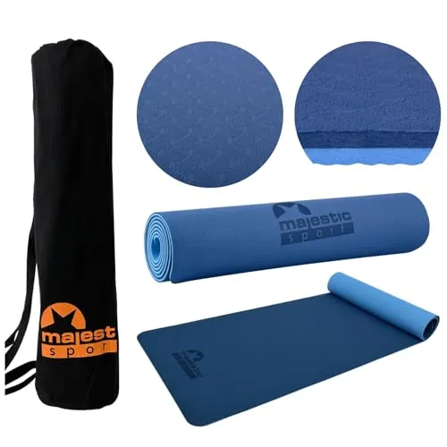 MAJESTIC SPORT Gymnastikmatte, Yogamatte Inkl. Tragetasche aus Baumwolle, rutschfest Trainingsmatte für Fitness Sportmatte, Pilates & Gymnastik TPE 183 x 61 x 0,6 cm Blau