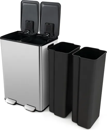 COSTWAY 60L Edelstahl Mülleimer mit 2 Fächern und sanft schließendem Deckel - Silber - Praktischer 60L Mülleimer mit 2 separaten Fächern für müheloses Sortieren von Abfällen. Robuste Edelstahl-Oberfläche und sanft schließender Deckel verhindern unangenehme Gerüche.
