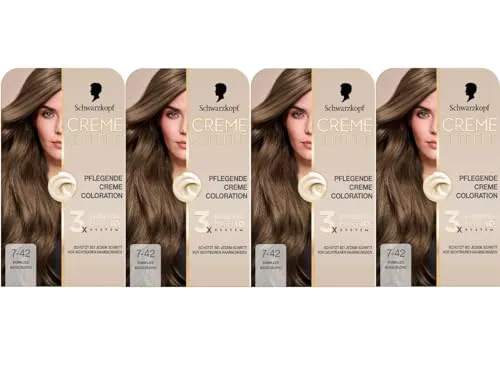 Schwarzkopf Creme Supreme Coloration 7-42 Dunkles Beigeblond (4x182 ml), dauerhafte Haarfarbe mit Serum und Haar-Maske schützt vor sichtbaren Haarschäden, für 100% Grauabdeckung