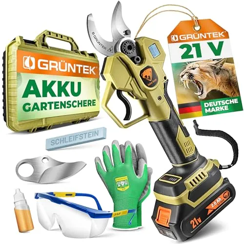 GRÜNTEK Akku Astschere 21V 2Ah Brushless, Elektrische Gartenschere Akku bis 30mm, 400W Bürstenloser Motor SK5 Klinge Makita-Kompatibel, Koffer Komplett-Set Baumschere Akkuschere