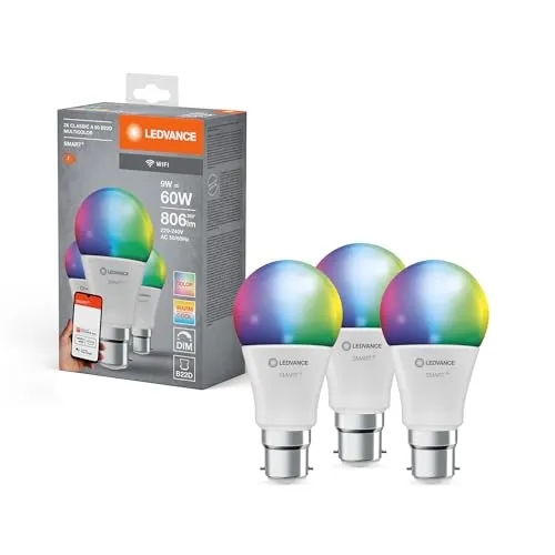 LEDVANCE Smarte LED-Lampe mit WiFi Technologie, Sockel B22d, Dimmbar, Lichtfarbe änderbar (2700-6500K), RGB Farben änderbar, ersetzt Glühlampen mit 60 W, SMART+ WiFi Classic Multicolour, 3er-Pack