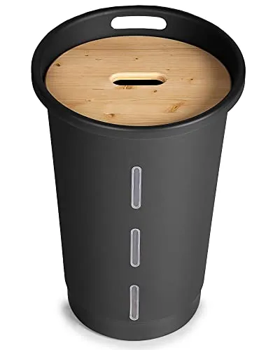 Pellets Aufbewahrungsbox mit Holzdeckel - Aschesauger - Stilvolle Pellets Aufbewahrung mit elegantem Holzdeckel, ideal für eine ordentliche und ansprechende Lagerung in jedem Wohnraum.