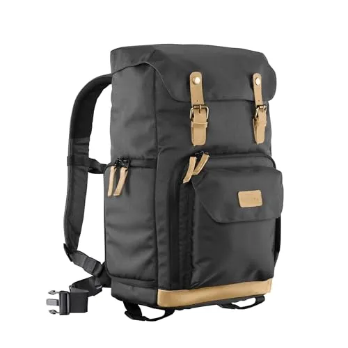 Mantona Luis Retro Fotorucksack - Modischer Fotorucksack im Retro-Stil mit Echtleder-Applikationen, ideal für 1 DSLR-Kamera, 3 Objektive und Zubehör. Inklusive Regenschutzhülle und flexible Einteilung für optimalen Schutz und schnellen Zugriff.