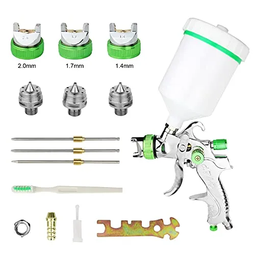 HVLP Lackierpistole Spritzpistole 1,4mm 1,7mm 2,0mm Düse, Profi Farbsprühsystem Spraypistole mit 600 ml Plastikbecher