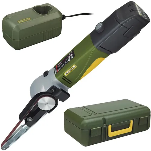 Proxxon Micromot BS/A 29810 Akku-Bandschleifer - Schleifmaschine für präzise Arbeiten, inkl. 10.8V Akku und Koffer, mit stufenloser Drehzahlregelung und abwinkelbarem Schleifarm für flexibles Arbeiten.