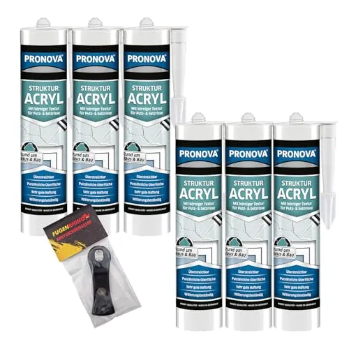 Pronova Struktur Acryl Decke Strukturpaste Dichtstoff auf Dispersionsbasis, Ideal für Risse und Fugen in Innen- & Außenbereichen, Überstreichbar, Haftstark, Emissionsarm, Wetterfest 300ml (Weiß) (6)