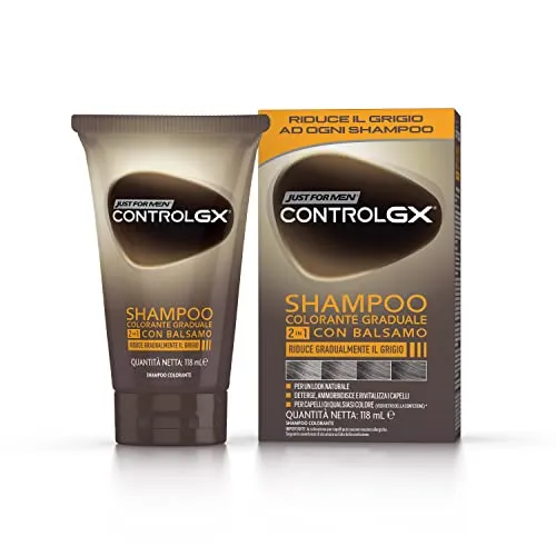 Just For Men Control GX, Shampoo Colorante Uomo, Colore E Tinta Per Capelli, 2-In-1 Con Balsamo, Riduce Gradualmente Il Grigio, Per Un Look Naturale, 118 ml