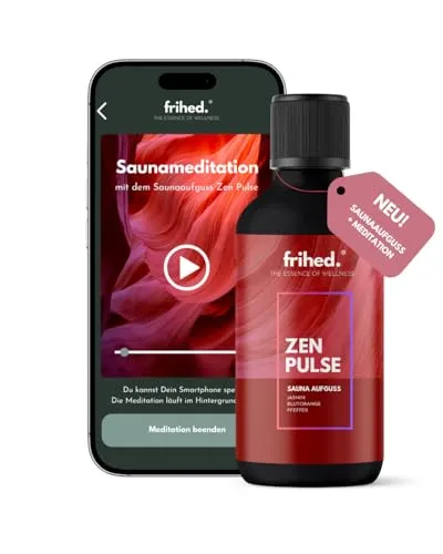 frihed.® | Premium Saunaaufguss mit App Meditation | Aufgussmittel für alle Sauna Arten | langanhaltender Sauna Duft | extra hochwertiges Öl | Geschenkidee (Zen Pulse, 100 ml)