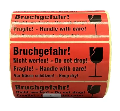 Stück Warnetiketten Bruchgefahr, Vorsicht Glas – 100 x 40 mm Aufkleber auf Rolle 1000