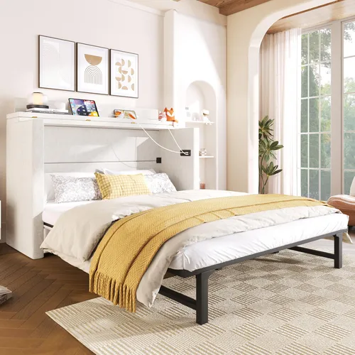 Odikalo Schrankbett Polsterbett 140x200 mit USB-Anschlüssen und Schublade - Platzsparendes Murphy-Bett für kleine Räume. Mit praktischen USB-Anschlüssen und einer Schublade für zusätzlichen Stauraum. Robuste Konstruktion und elegantes Design aus strapazierfähigem Leinenstoff.