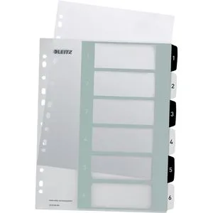 Leitz Register für A4+, PC-beschriftbares Deckblatt und 6 Trennblätter, Taben mit Zahlenaufdruck 1-6, Überbreite, Weiß/Schwarz, Polypropylen, WOW, 12140000