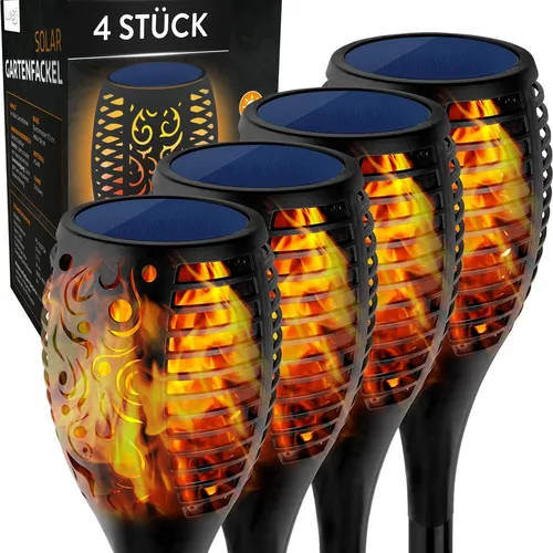 Luxari Gartenfackel Solar − 4x Realistisches Solar - Lampen, 4 solarbetriebene Fackeln mit realistischer Flammenoptik für stimmungsvolle Beleuchtung im Garten.