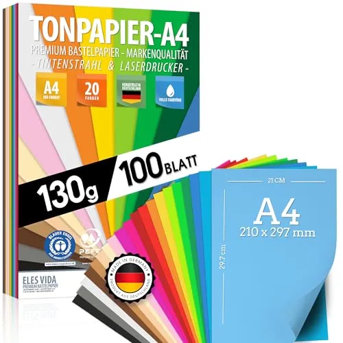 Blatt TONPAPIER - Buntes Papier DIN A4-130g/m² Set 20 Farben – Stabil Bastelpapier & Farbige Blätter, Kinder & DIY Bogen, Zubehör zum Basteln - BLAUER ENGEL & PEFC zertifiziert 100