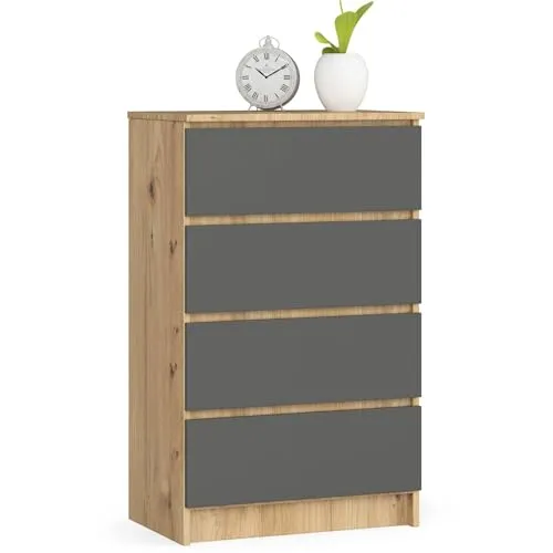 AKORD Kommode K60 60 cm | 4 Schubladen | Schrank | für das Wohnzimmer | für das Schlafzimmer | B60 x H99 x T40 cm | Gewicht 29,90 kg | Artisan Eiche/Graphitgrau