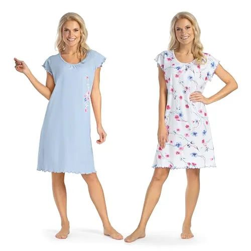Consult-Tex Damen 2er Packung Nachthemden Kurzarm (blau/weiß, 44/46)