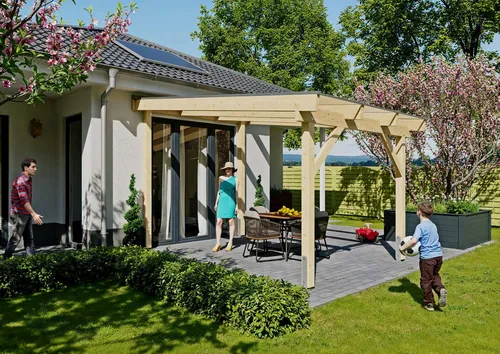 KONIFERA Terrassendach Atlas, BxT: 308,4x450 cm, Bedachung Hohlkammerplatten, Bausatz aus naturbel. Leimholz mit lichtdurchl. Polycarbonat-Pultdach