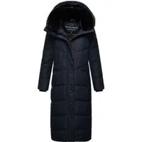 Navahoo Damen Wintermantel - Warmer, extralanger Steppmantel mit abnehmbarer Kapuze, elegantes Design und kuscheliger Kunstfellkragen in Navy Gr. XS