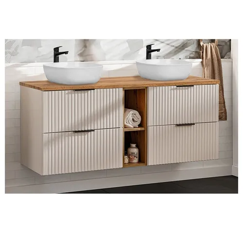 Lomadox Badezimmer Waschtisch 140cm - Waschplätze mit 2 Softclose-Schubladen und elegantem Keramik-Waschbecken, modernes Design in Kaschmir und Eiche, FSC-zertifiziert und feuchtigkeitsresistent für langlebige Qualität.