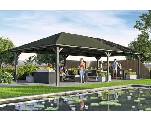 Pavillon SKAN HOLZ Orleans 4 - Schiefergrau - Robuster Pavillon aus Holz in schiefergrau, ideal für Gartenpartys und als stilvoller Unterstand. Maße: 569 x 1046 cm, bietet viel Platz und Schutz.