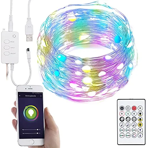 Luminea Home Control Lichterkette WLAN: RGB-LED-Lichterdraht mit Musik-Steuerung, WLAN und App, USB, 5 m (Lichterkette LED, Leuchtschnur, Solar Schlauch)