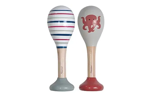 Kindsgut Rasseln aus Holz, 2er Set Musik Instrument für Babys und Klein-Kinder, ideal für unterwegs, dezente Farben und hochwertige Qualität, Oktopus und Streifen