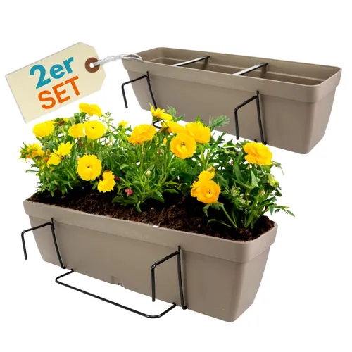 2x Blumenkasten mit Halterung und Wasserspeicher 50 cm Taupe - Garten-Zubehör: Praktische Blumenkästen mit integrierten Wasserspeichern für gesunde Pflanzen, ideal für Balkone und Geländer.