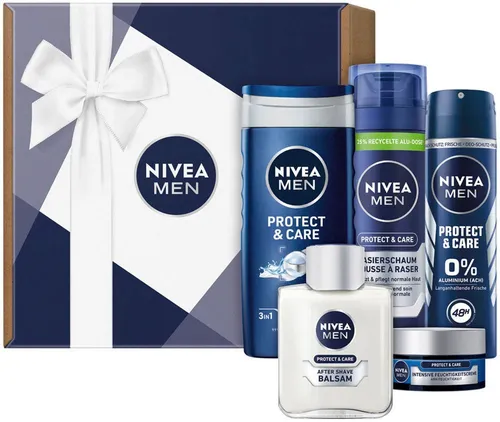 NIVEA MEN Protect & Care Körperpflegeset 1 Stk - Gesichtspflege-Set mit feuchtigkeitsspendenden Produkten, inklusive 48h Deo-Schutz ohne Alkohol, ideal für intensive Pflege und Rasurschutz.