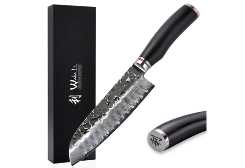 Wakoli EBO Damast Santokumesser 18 cm - Küchenmesser aus 67 Lagen japanischem Damaststahl mit VG-10 Kern, ideal für präzises Schneiden von Fleisch, Fisch und Gemüse, ergonomischer schwarzer Eichenholzgriff für ermüdungsfreies Arbeiten.