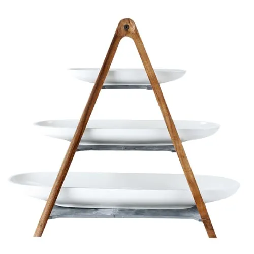 Villeroy Boch Artesano Original Etagere - 4-teilige, 3-stöckige Porzellan Etagere mit Holz, ideal für Tapas und Fingerfood, spülmaschinen- und mikrowellengeeignet