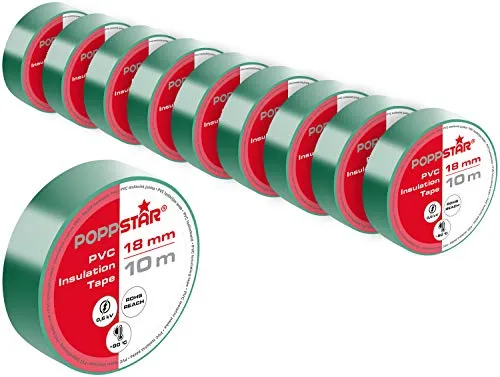 POPPSTAR PVC Isolierband 10m (18mm breit, 0,18mm stark), grün, 10 Rollen
