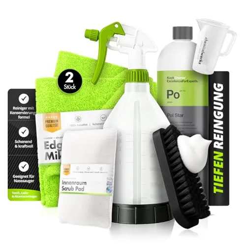 Pol Star Set: Koch Chemie Pol Star Textil Leder Alcantara Reiniger 1L + 360° Sprühflasche 500ml + Messbecher 100ml + 2 Mikrofasertücher + Scrub Pad + Bürste | sauber mischen & sofort loslegen | 7-tlg.