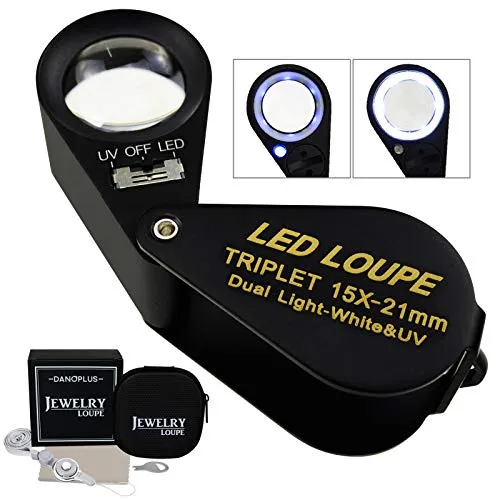 15x Vergrößerungsglas Schmuck Lupe LED UV Licht 21mm Achromatisch Triplett Linse Optisch Glas Tasche Juwel Vergrößerung Werkzeug Juwelier, Briefmarke Philatelist, Münze Numismatik