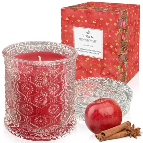 TTRWIN Rote Duftkerze im Glas, Reichlich duftend nach Apfel und Zimt, 200g Natürliche Sojawachs-Kerze, Lang Brennend, Geschenk für Weihnachten, Geburtstag, Hauseinweihung