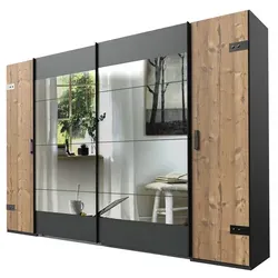 Schwebetürenschrank Stockholm - 270 cm Kleiderschrank mit Spiegel - Kleiderschrank im Industrial-Stil mit 4 Schwebetüren, Einlegeboden und Kleiderstange. Ideal für Schlafzimmer, elegante Kombination aus silver fir und graphit.