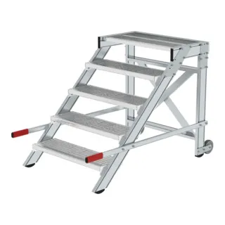 MUNK Montagetritt 50437 - Fahrbares Arbeitspodest bis 200kg - Arbeitspodest mit 5 Gitterrost-Stufen, 3 m Arbeitshöhe, extra breite und stabile Konstruktion aus Aluminium, ideal für sicheres Arbeiten in der Höhe.