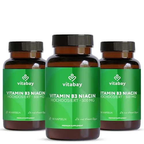 Vitabay Vitamin B3 Niacin 500 mg - 270 Vegane Flush Free Niacinamide Kapseln - Vitamin B3 Hochdosiert Niacinamide - Laborgeprüft & ohne unerwünschte Zusätze