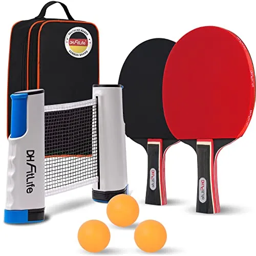 DH FitLife Tischtennisschläger Set für 2 Spieler - Tischtennisschläger Set mit 2 Schlägern, 3 Bällen und mobilem Netz für spontane Spiele. Ergonomisches Design und professionelle Qualität für optimale Kontrolle.