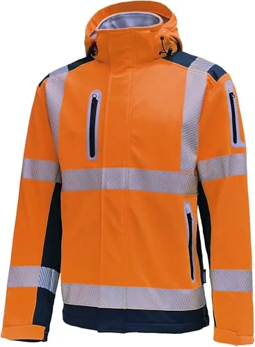 Vizwell Warnschutz Softshelljacke leuchtorange-marine Gr.M - Robuste Softshelljacke mit abnehmbarer Kapuze. Reflektierende Streifen sorgen für Sicherheit. Ideal für den professionellen Einsatz bei jedem Wetter.